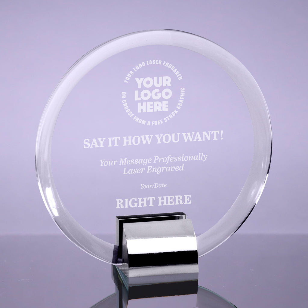 Crystal Circle Awards with Chrome Stands - Engraved