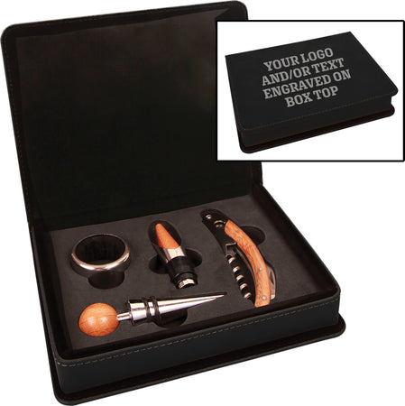 Black-Silver Laserable Leatherette 4-Piece Wine Tool Set [WJT59]