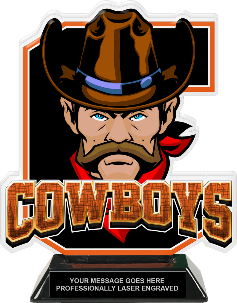 Cowboys Mascot Colorix-T Acrylic Trophy - 8.25 inch Orange [TACR8-MSCT-CWBY-ORG-Q]