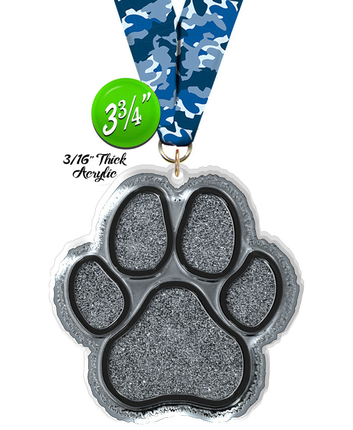 Silver Glitter Paw Colorix-M Acrylic Medal [MACR375-GLTPAW-S-Q]