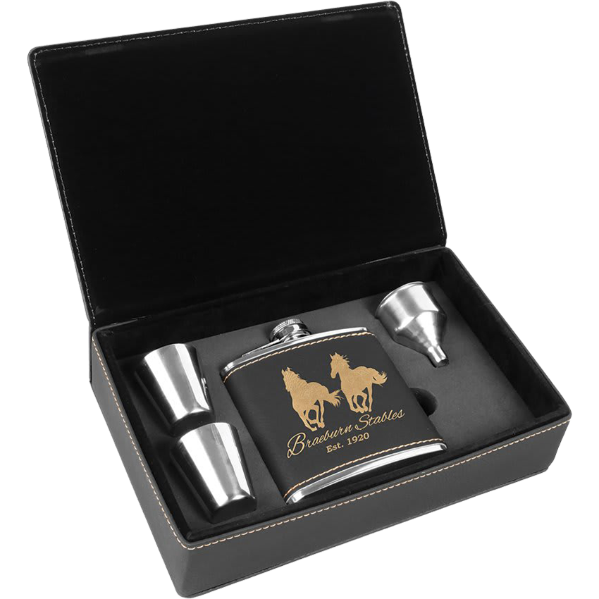 6 oz. Laserable Leatherette Flask Gift Set - Black/Gold  [FJ3-03]