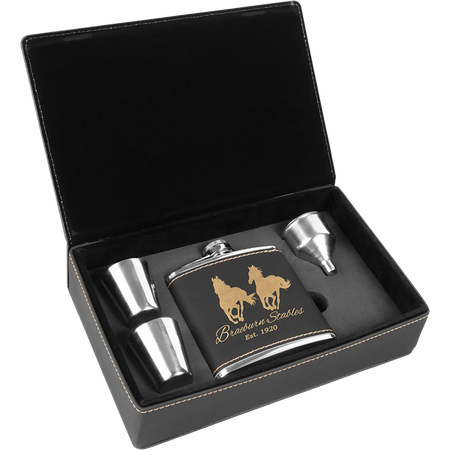 6 oz. Laserable Leatherette Flask Gift Set - Black/Gold  [FJ3-03]