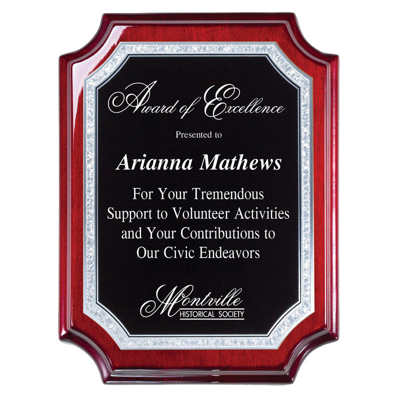 Rosewood Piano Finish Plaque with Silver Florentine Border - 8 x 10 [PMAP74-810]