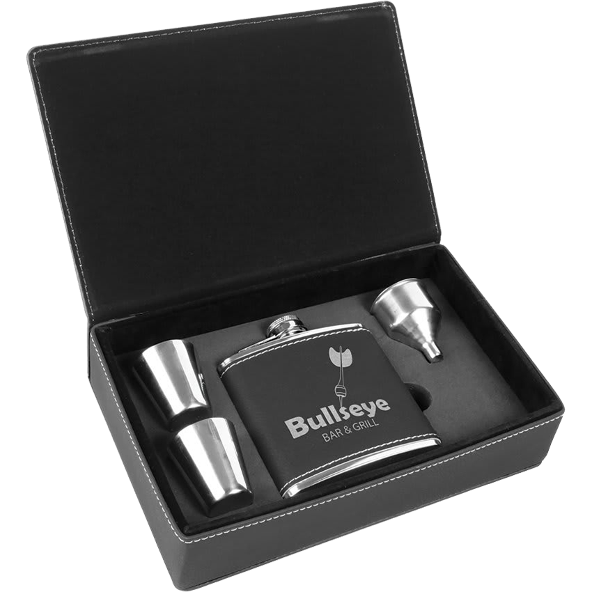 6 oz. Laserable Leatherette Flask Gift Set - Black/Silver [FJ3-09]