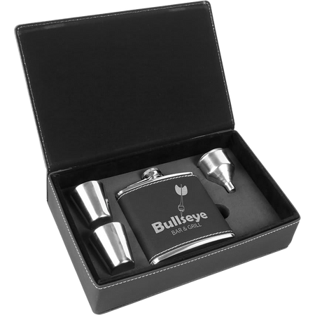 6 oz. Laserable Leatherette Flask Gift Set - Black/Silver [FJ3-09]
