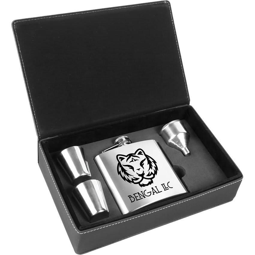 6 oz. Laserable Leatherette Flask Gift Set - Stainless Steel [FJ3-11]