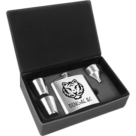 6 oz. Laserable Leatherette Flask Gift Set - Stainless Steel [FJ3-11]