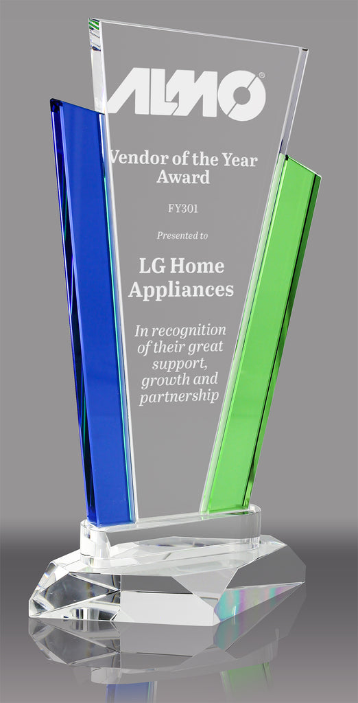 Crystal Marquee Award with Blue & Green Uprights - 9 inch [CF1-9-BLGN-X]