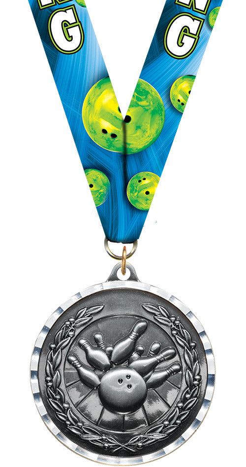 Bowling Diecast Medal with Diamond Cut Border- Silver [MM2DC-BW-S]