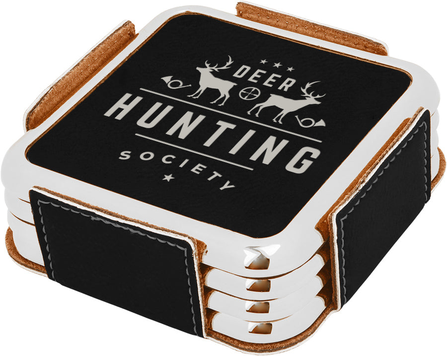 Black Metallic Edge Leatherette Coasters - Set of 4 [CJ438BLK]