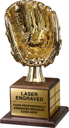 Full Size Gold Baseball Glove Trophy on Genuine Walnut Base [TPP1L-PLS-BSG]