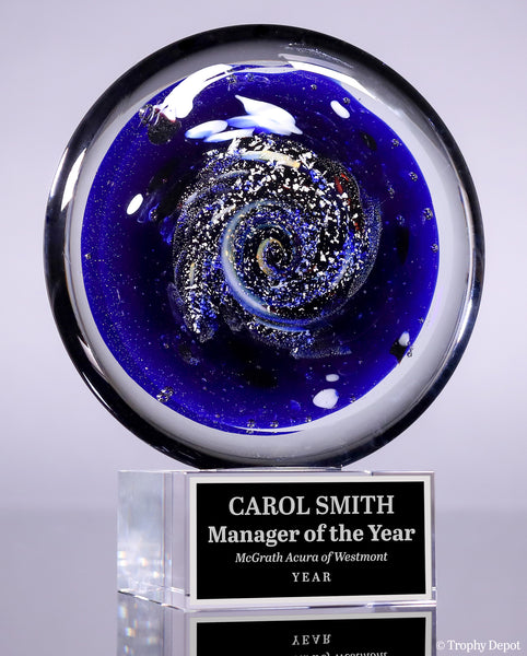 Art Glass Disk Award with Blue and White Accents [AGT2-94-7] – Trophy Depot
