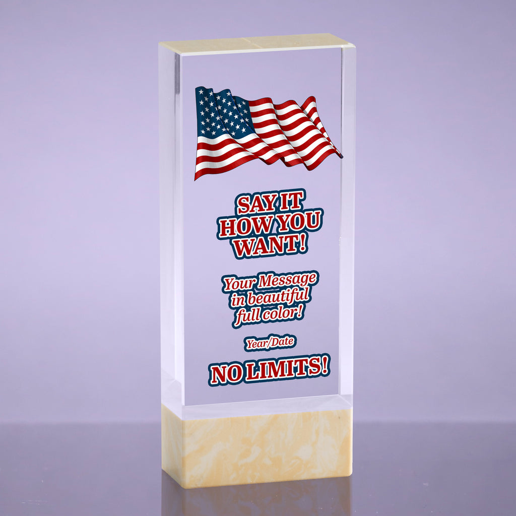 Crystal Block with Beige & Caramel Marble Base - Full Color 6.75 inch [CM85-2-FC]