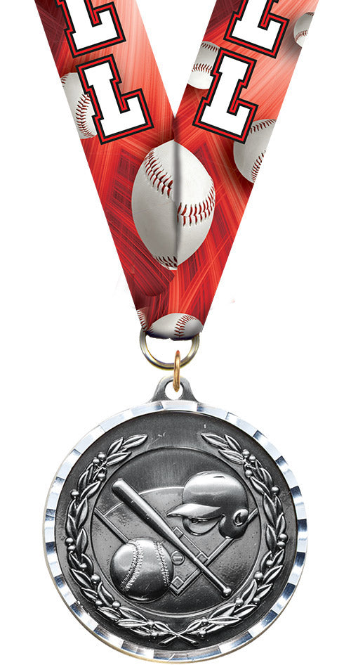 Baseball Diecast Medal with Diamond Cut Border- Silver [MM2DC-BS-S]