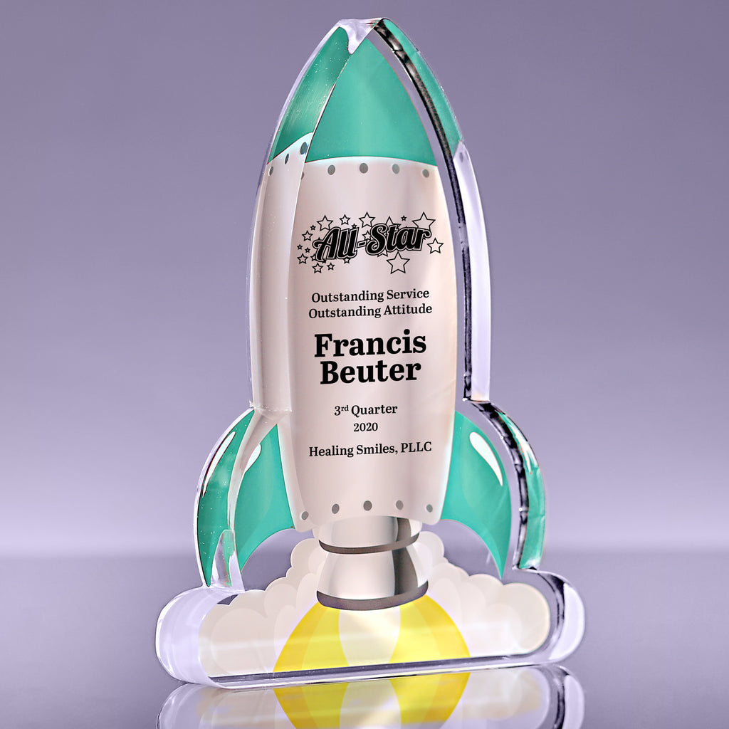 1 inch Thick Acrylic Blast Off Rocket Awards - Teal