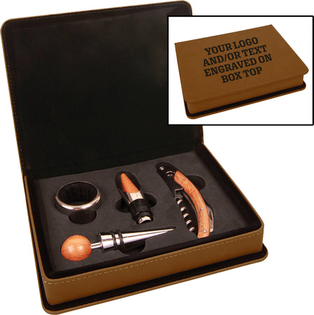 Dark Brown Laserable Leatherette 4-Piece Wine Tool Set [WJT52]