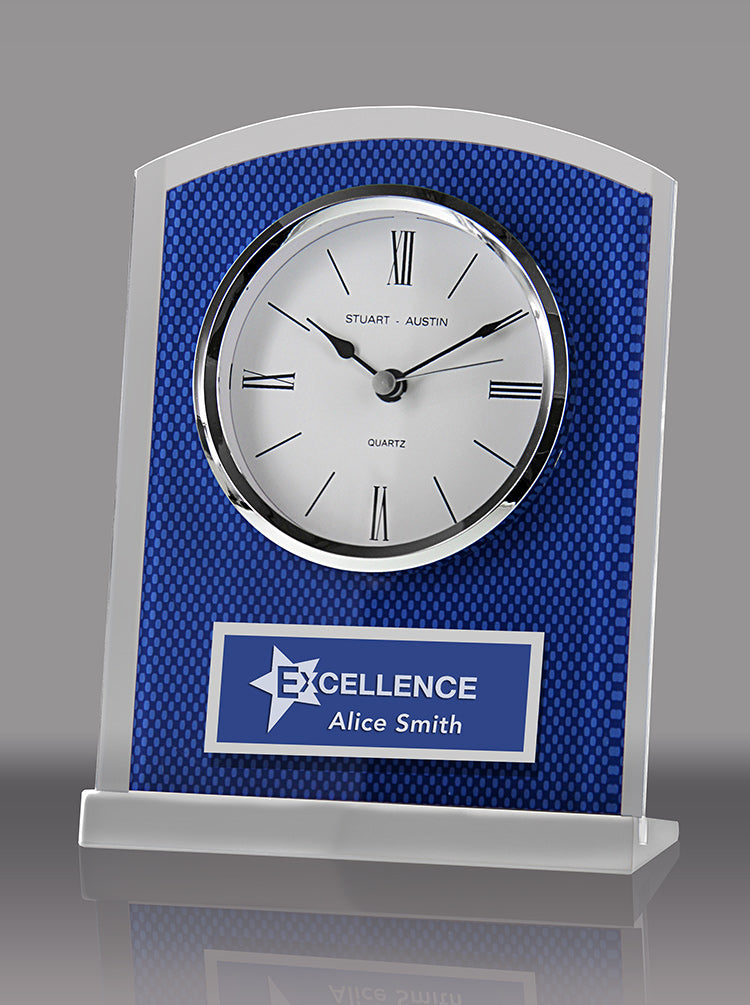 Blue Carbon Fiber Glass Clock on Aluminum Base  [TDCWC1007]