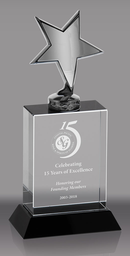 Silver Metal Star on Optical Crystal Block - 6.5 inch [CP961-6]