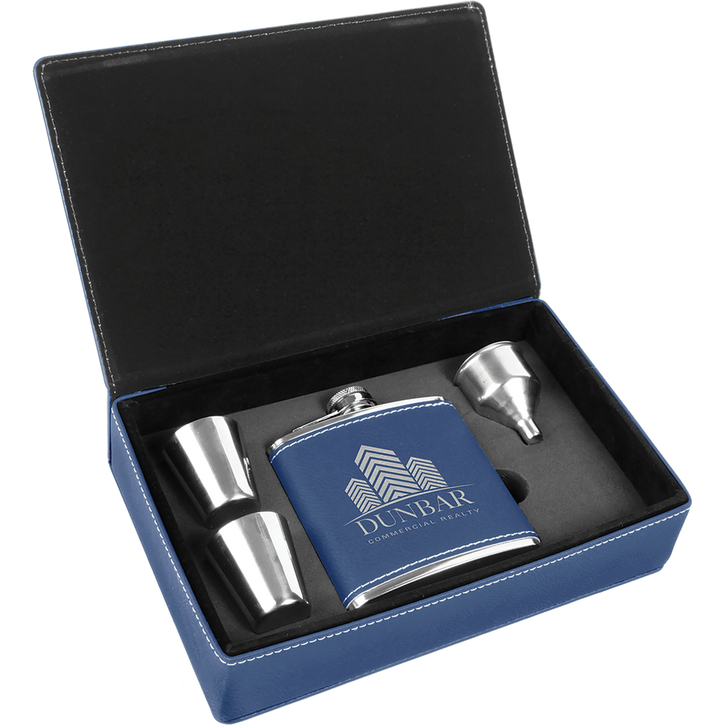 6 oz. Laserable Leatherette Flask Gift Set -  Blue/Silver [FJ3-15]