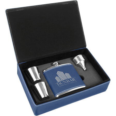 6 oz. Laserable Leatherette Flask Gift Set -  Blue/Silver [FJ3-15]