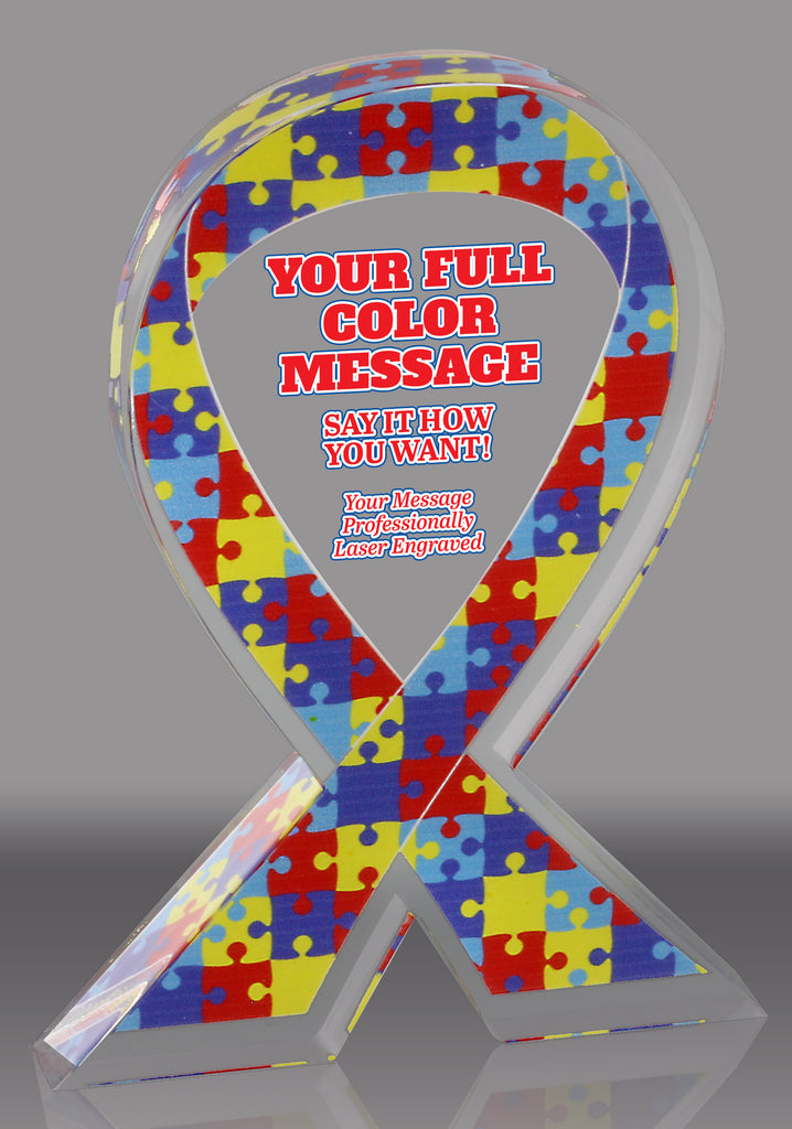 Custom Autism Puzzle Awareness Ribbon Acrylic Award - 7 inch [ATRIB-AS-7-FC-Q]