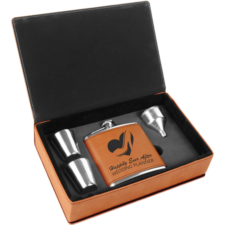 6 oz. Laserable Leatherette Flask Gift Set - Rawhide [FJ3-04]